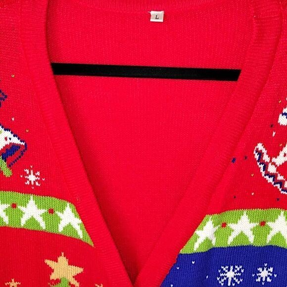 V28 Womens Holiday Cardigan Sz Large Red Christmas Sweater Long Button Up Xmas - Picture 6 of 9